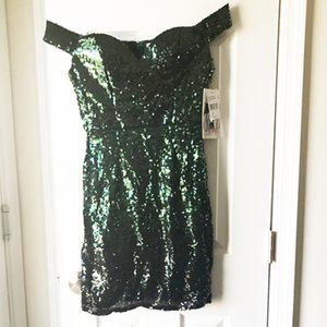 Honey & Rosie sz7 green sequin off shoulder dress